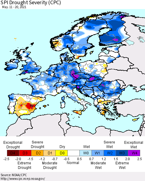 Europe SPI Drought Severity (CPC) Thematic Map For 5/11/2021 - 5/20/2021