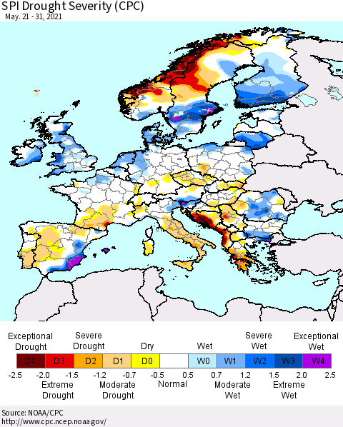 Europe SPI Drought Severity (CPC) Thematic Map For 5/21/2021 - 5/31/2021