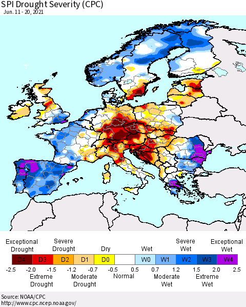 Europe SPI Drought Severity (CPC) Thematic Map For 6/11/2021 - 6/20/2021