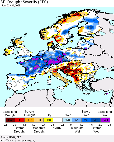 Europe SPI Drought Severity (CPC) Thematic Map For 6/21/2021 - 6/30/2021