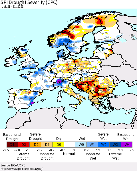 Europe SPI Drought Severity (CPC) Thematic Map For 7/21/2021 - 7/31/2021