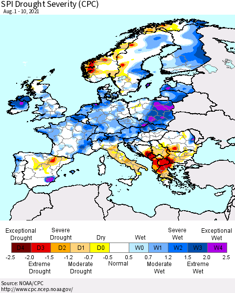 Europe SPI Drought Severity (CPC) Thematic Map For 8/1/2021 - 8/10/2021