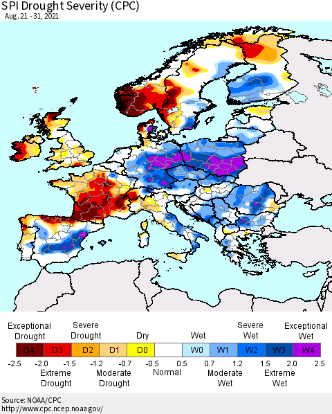 Europe SPI Drought Severity (CPC) Thematic Map For 8/21/2021 - 8/31/2021