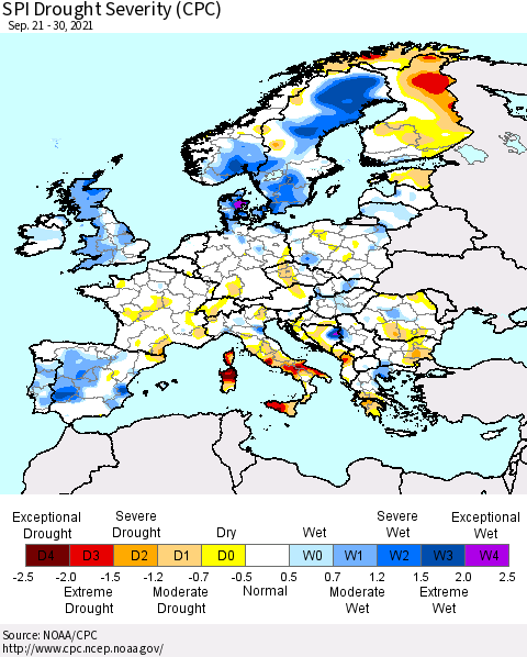 Europe SPI Drought Severity (CPC) Thematic Map For 9/21/2021 - 9/30/2021