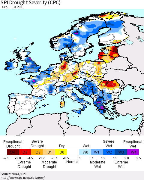 Europe SPI Drought Severity (CPC) Thematic Map For 10/1/2021 - 10/10/2021