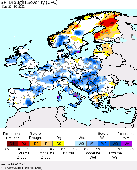 Europe SPI Drought Severity (CPC) Thematic Map For 9/21/2022 - 9/30/2022