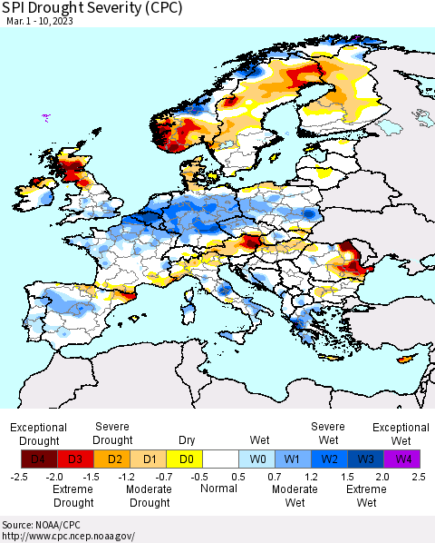 Europe SPI Drought Severity (CPC) Thematic Map For 3/1/2023 - 3/10/2023