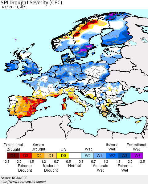 Europe SPI Drought Severity (CPC) Thematic Map For 3/21/2023 - 3/31/2023