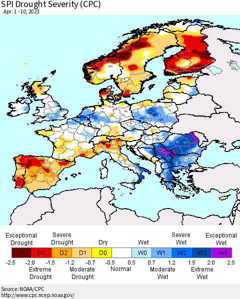 Europe SPI Drought Severity (CPC) Thematic Map For 4/1/2023 - 4/10/2023