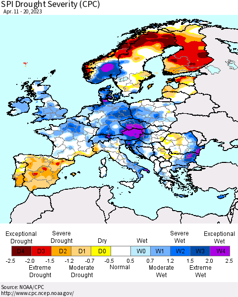 Europe SPI Drought Severity (CPC) Thematic Map For 4/11/2023 - 4/20/2023