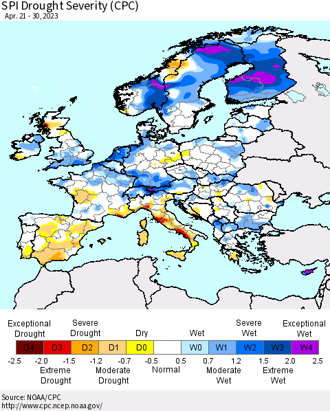 Europe SPI Drought Severity (CPC) Thematic Map For 4/21/2023 - 4/30/2023