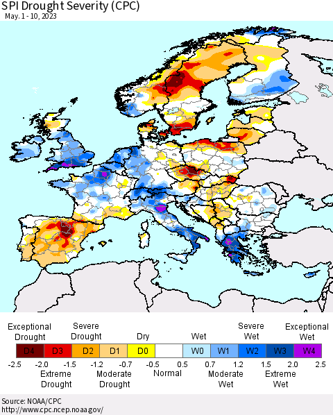 Europe SPI Drought Severity (CPC) Thematic Map For 5/1/2023 - 5/10/2023