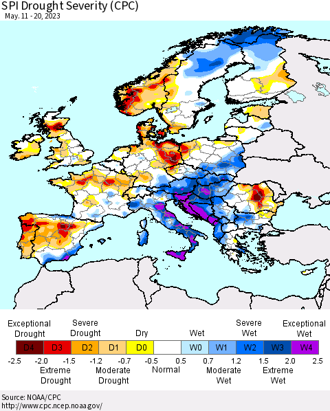 Europe SPI Drought Severity (CPC) Thematic Map For 5/11/2023 - 5/20/2023