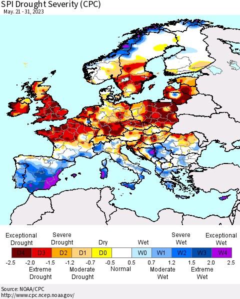 Europe SPI Drought Severity (CPC) Thematic Map For 5/21/2023 - 5/31/2023