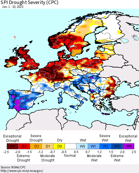 Europe SPI Drought Severity (CPC) Thematic Map For 6/1/2023 - 6/10/2023