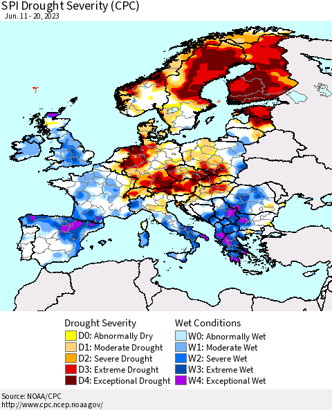 Europe SPI Drought Severity (CPC) Thematic Map For 6/11/2023 - 6/20/2023