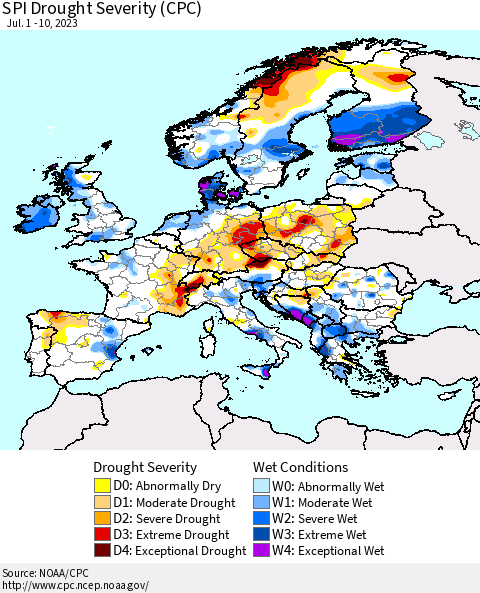 Europe SPI Drought Severity (CPC) Thematic Map For 7/1/2023 - 7/10/2023