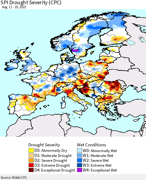 Europe SPI Drought Severity (CPC) Thematic Map For 8/11/2023 - 8/20/2023