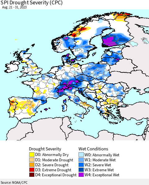 Europe SPI Drought Severity (CPC) Thematic Map For 8/21/2023 - 8/31/2023