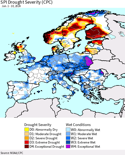 Europe SPI Drought Severity (CPC) Thematic Map For 1/1/2024 - 1/10/2024