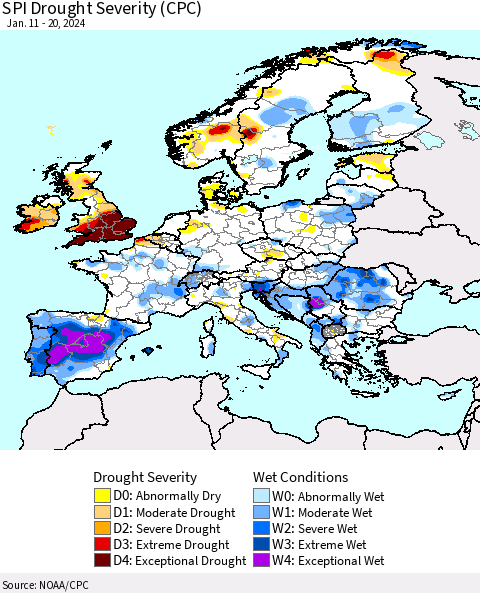 Europe SPI Drought Severity (CPC) Thematic Map For 1/11/2024 - 1/20/2024