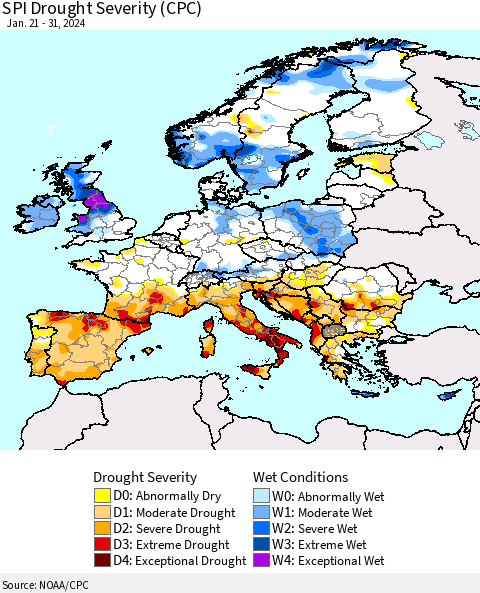 Europe SPI Drought Severity (CPC) Thematic Map For 1/21/2024 - 1/31/2024