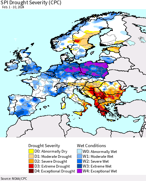 Europe SPI Drought Severity (CPC) Thematic Map For 2/1/2024 - 2/10/2024