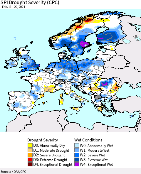 Europe SPI Drought Severity (CPC) Thematic Map For 2/11/2024 - 2/20/2024