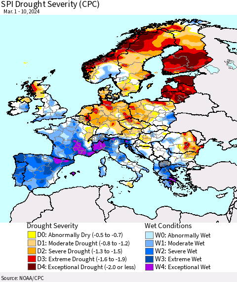 Europe SPI Drought Severity (CPC) Thematic Map For 3/1/2024 - 3/10/2024