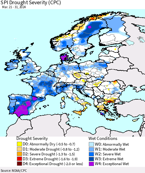 Europe SPI Drought Severity (CPC) Thematic Map For 3/21/2024 - 3/31/2024
