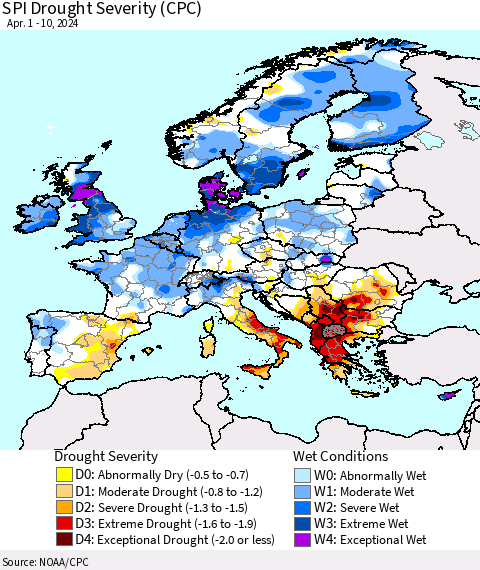 Europe SPI Drought Severity (CPC) Thematic Map For 4/1/2024 - 4/10/2024
