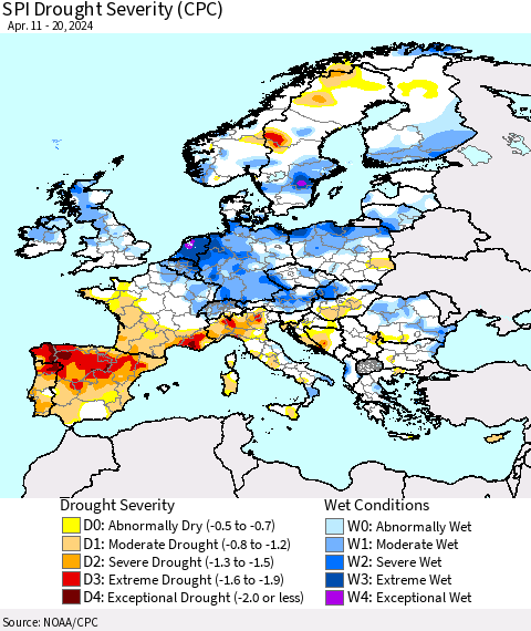 Europe SPI Drought Severity (CPC) Thematic Map For 4/11/2024 - 4/20/2024