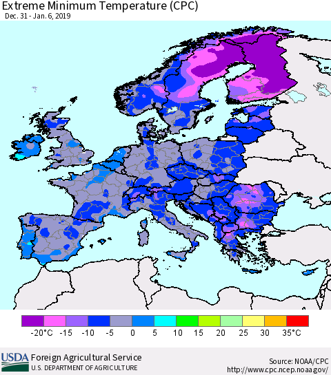 Europe Minimum Daily Temperature (CPC) Thematic Map For 12/31/2018 - 1/6/2019