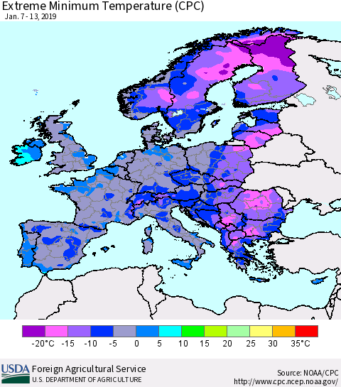 Europe Minimum Daily Temperature (CPC) Thematic Map For 1/7/2019 - 1/13/2019