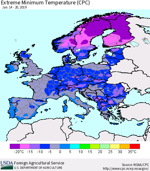 Europe Minimum Daily Temperature (CPC) Thematic Map For 1/14/2019 - 1/20/2019