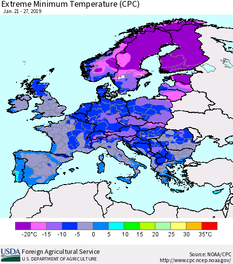 Europe Minimum Daily Temperature (CPC) Thematic Map For 1/21/2019 - 1/27/2019