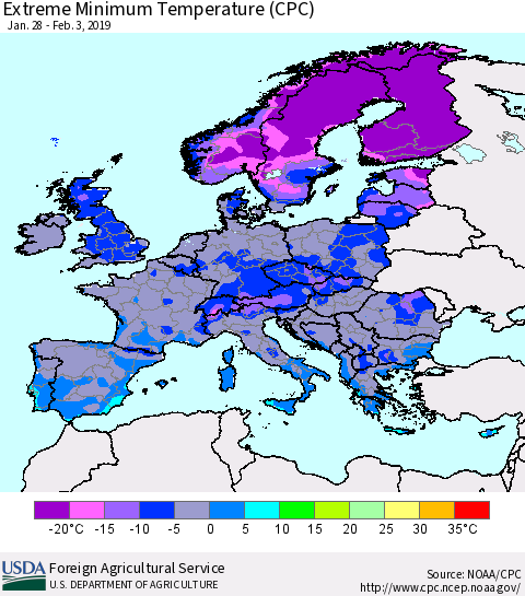 Europe Minimum Daily Temperature (CPC) Thematic Map For 1/28/2019 - 2/3/2019