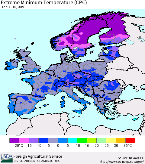 Europe Minimum Daily Temperature (CPC) Thematic Map For 2/4/2019 - 2/10/2019