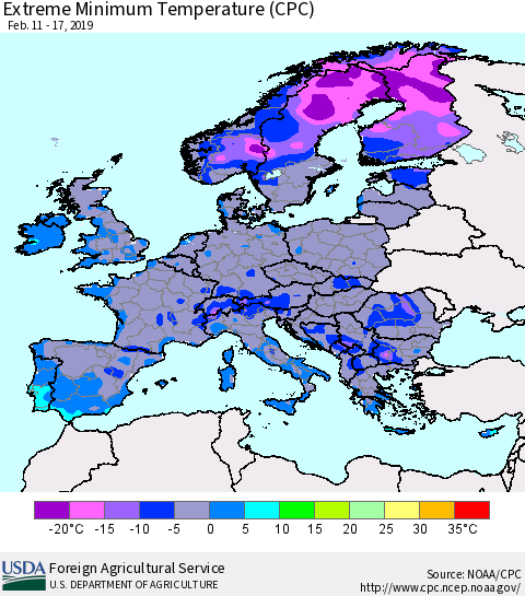 Europe Minimum Daily Temperature (CPC) Thematic Map For 2/11/2019 - 2/17/2019
