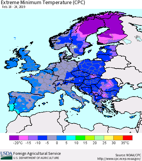 Europe Minimum Daily Temperature (CPC) Thematic Map For 2/18/2019 - 2/24/2019