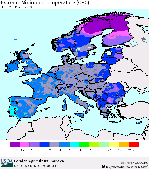 Europe Minimum Daily Temperature (CPC) Thematic Map For 2/25/2019 - 3/3/2019