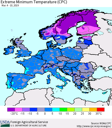 Europe Minimum Daily Temperature (CPC) Thematic Map For 3/4/2019 - 3/10/2019