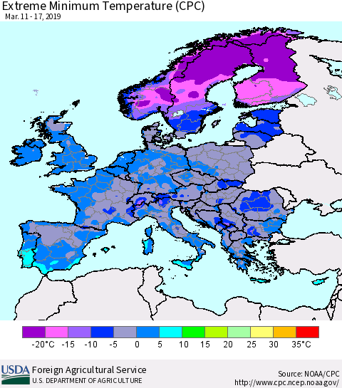 Europe Minimum Daily Temperature (CPC) Thematic Map For 3/11/2019 - 3/17/2019