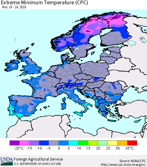 Europe Minimum Daily Temperature (CPC) Thematic Map For 3/18/2019 - 3/24/2019