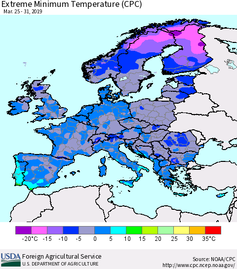 Europe Minimum Daily Temperature (CPC) Thematic Map For 3/25/2019 - 3/31/2019