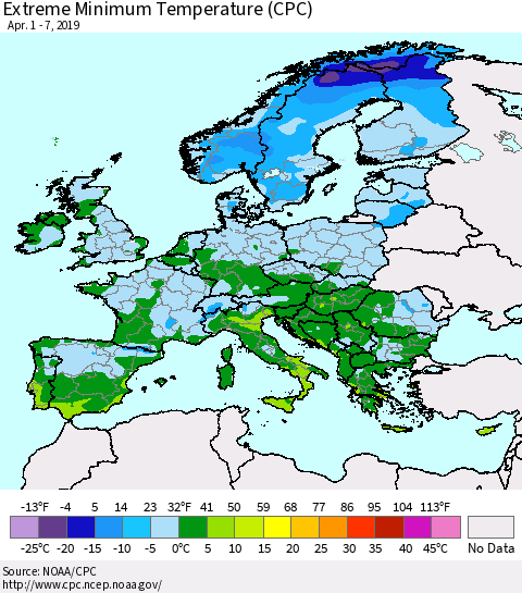 Europe Minimum Daily Temperature (CPC) Thematic Map For 4/1/2019 - 4/7/2019