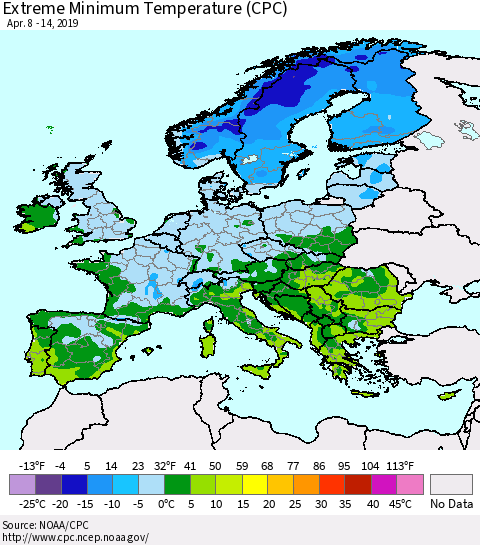 Europe Minimum Daily Temperature (CPC) Thematic Map For 4/8/2019 - 4/14/2019