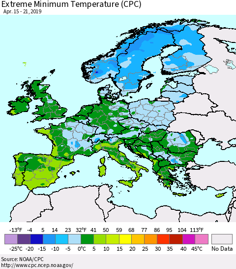 Europe Minimum Daily Temperature (CPC) Thematic Map For 4/15/2019 - 4/21/2019