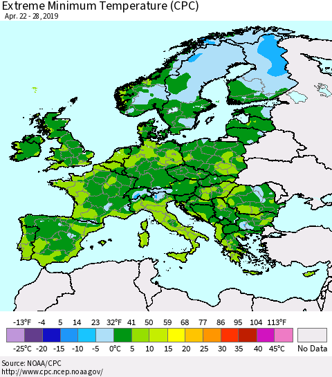 Europe Minimum Daily Temperature (CPC) Thematic Map For 4/22/2019 - 4/28/2019