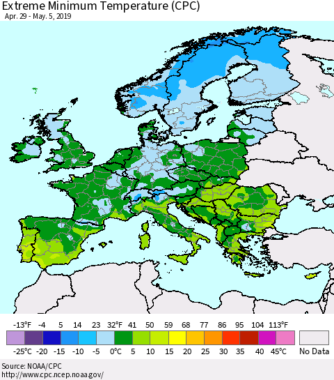 Europe Minimum Daily Temperature (CPC) Thematic Map For 4/29/2019 - 5/5/2019